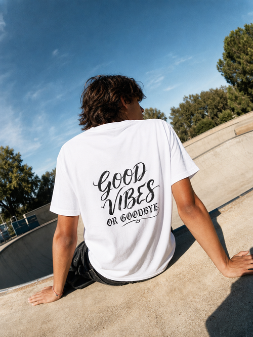 Good Vibes or Goodbye T-Shirt — Casual Graphic Tee with Inspirational Back Script