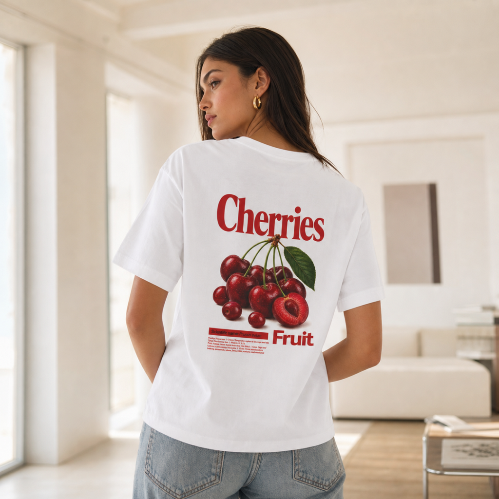 Camiseta Oversized Blanca 'Cherries Fruit' Estilo Streetwear | Z-88