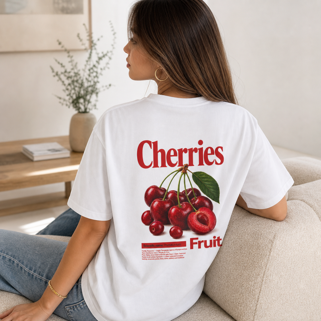 Camiseta Oversized Blanca 'Cherries Fruit' Estilo Streetwear | Z-88